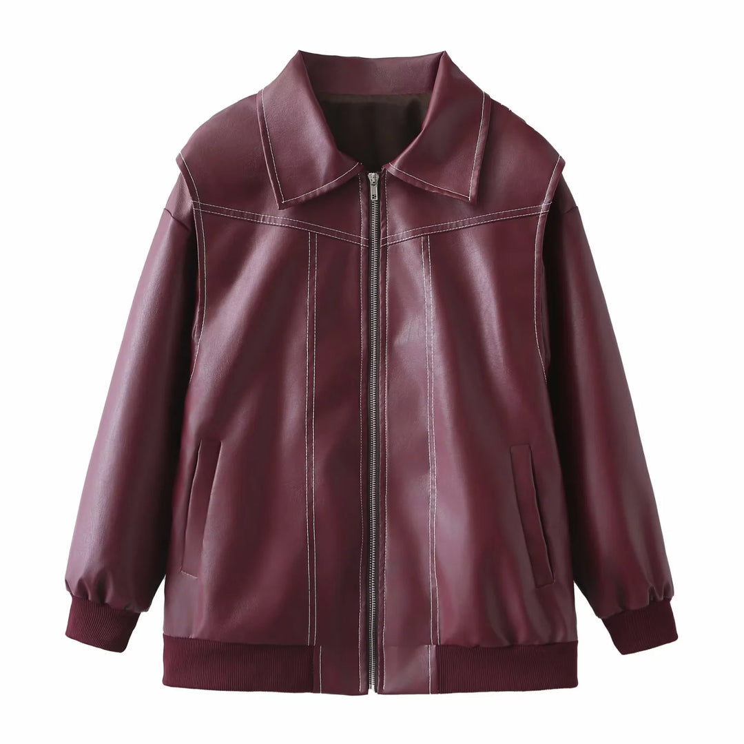 Women's fitted faux leather bomber jacket with contrast quilting and zipper Mune Fashion
