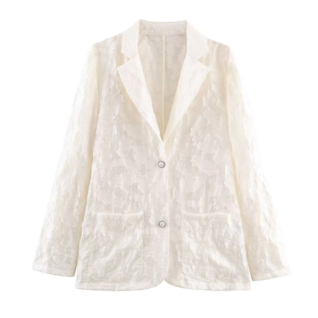 Women's jacquard blazer with floral relief and decorative button trim Mune Fashion