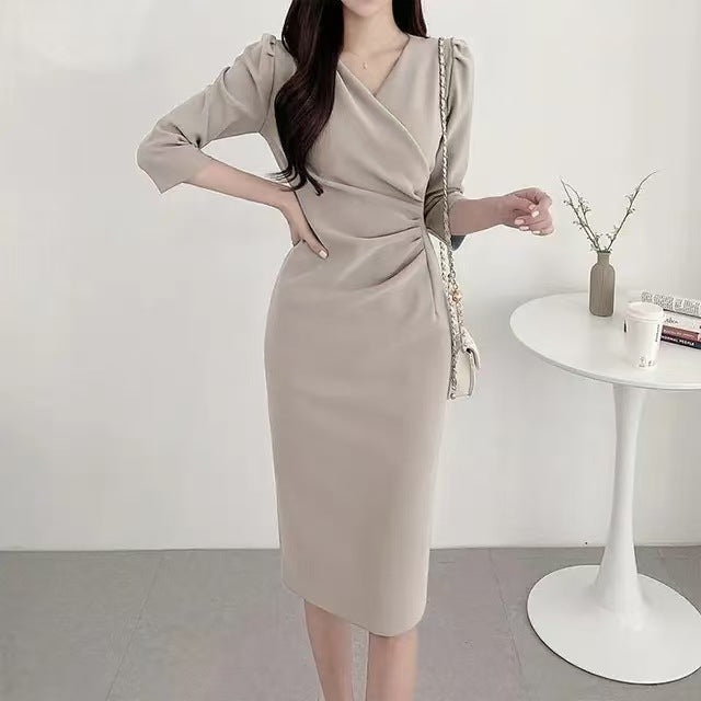 Women's Elegant Tailored Draped Bodycon Dress with Asymmetrical Wrap Look and 3/4 Sleeves Drune
