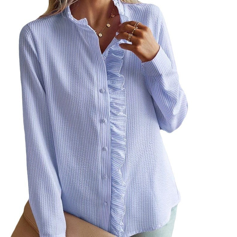 Women's nano structured blouse with ruffle button placket and stand-up collar Mune Fashion