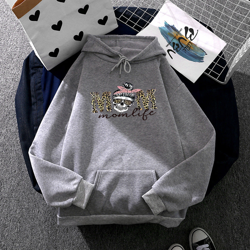 Women Hooded Sweatshirt with "Momlife" Skull Print, Kangaroo Pocket, Soft Fleece Lining and Loose Oversized Fit Mune Fashion