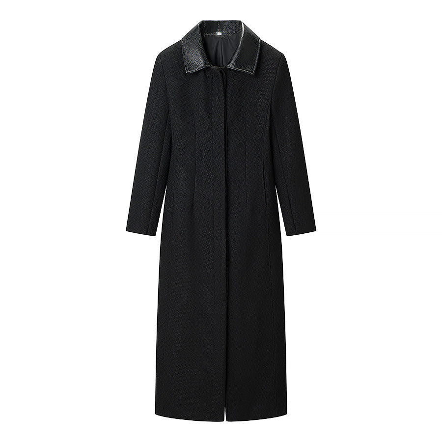 Women Tailored Maxi Long Wool Blend Coat with Leather Collar and Full Button Placket Mune Fashion