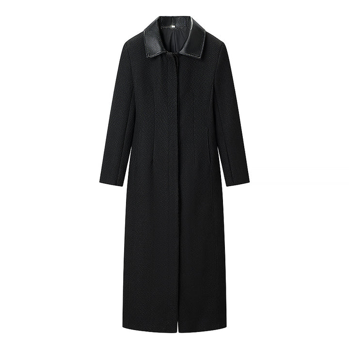 Women Tailored Maxi Long Wool Blend Coat with Leather Collar and Full Button Placket Mune Fashion