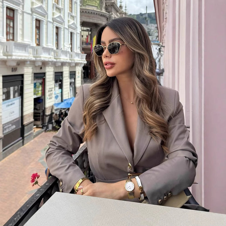 Women's tailored blazer with wide tie belt and gold-colored hardware Mune Fashion
