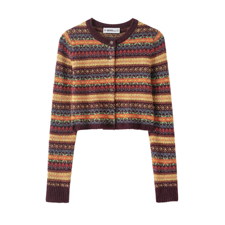 Women's Short-Cut Fair-Isle Cardigan with Round Neckline and Button Placket Mune Fashion