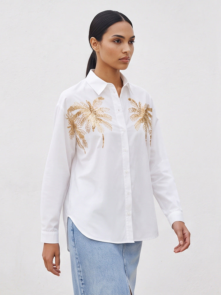Women's shirt blouse with sequin palm appliqué, oversized cut & classic collar Mune Fashion
