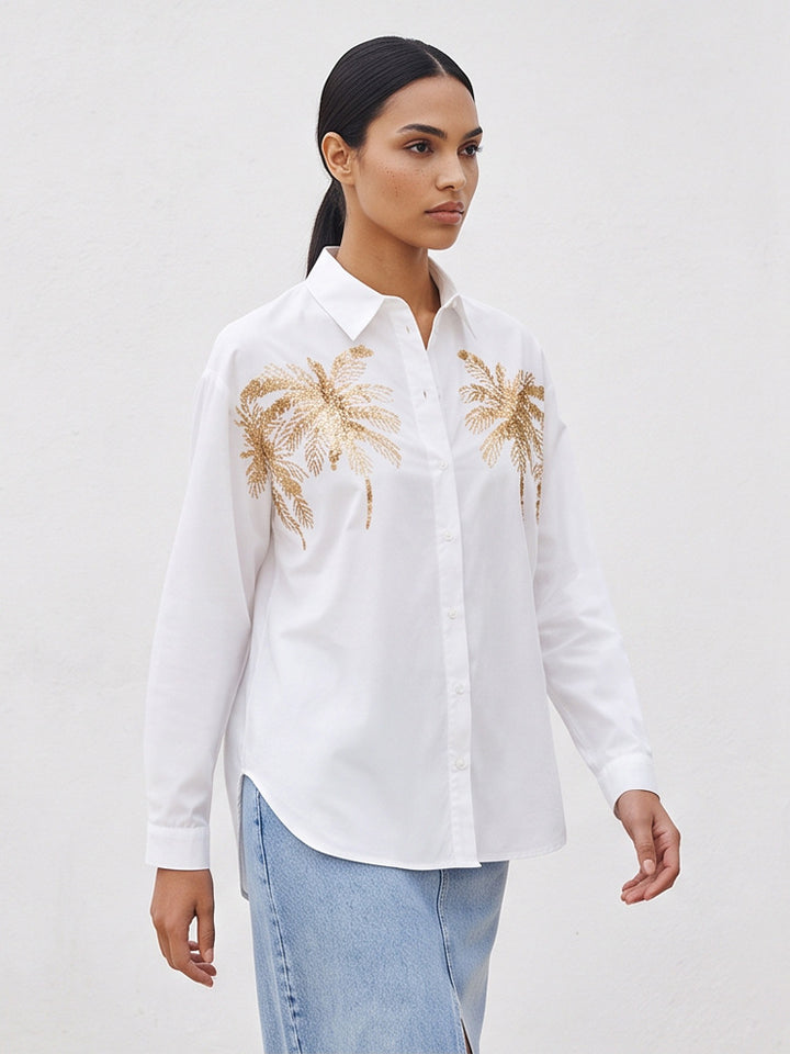 Women's shirt blouse with sequin palm appliqué, oversized cut & classic collar Mune Fashion