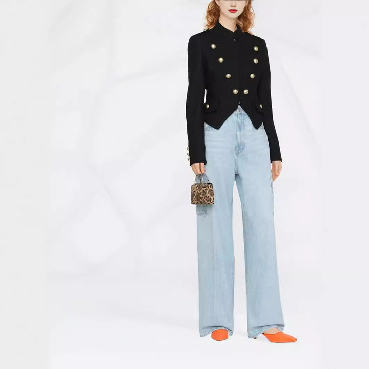 Ladies Tailored Short Military Blazer with Decorative Buttons and Stand-Up Collar Mune Fashion