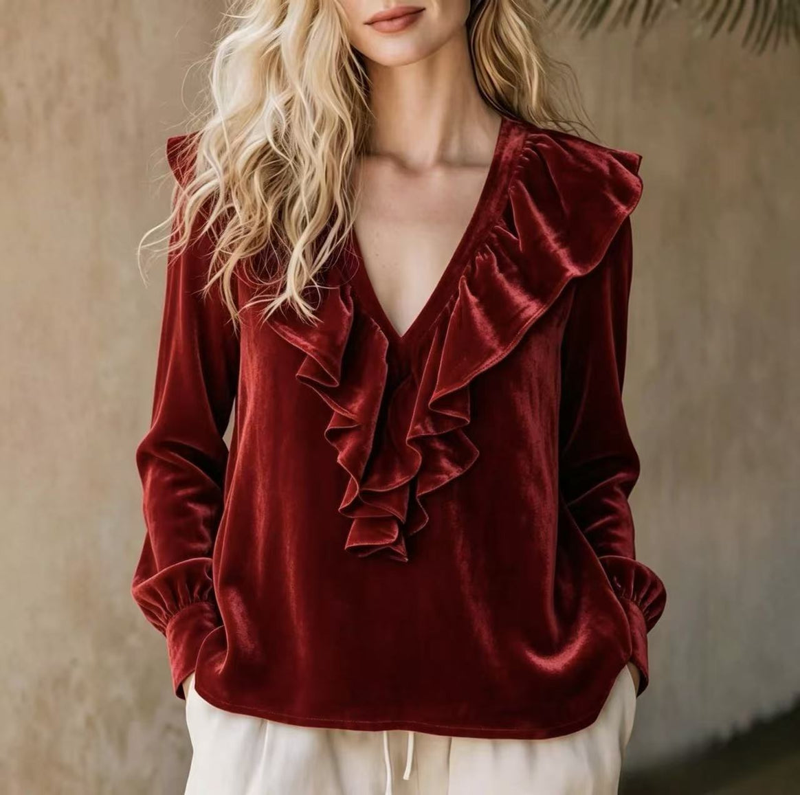 Women Ruffled V-Neck Blouse made of Chiffon with Ruffled Collar and Elastic Cuffs Mune Fashion