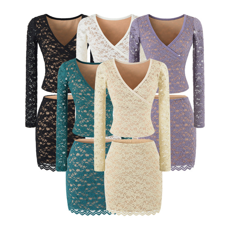 Women's Figure-hugging Lace Top with Wrap V-neck and Long Sleeves Mune Fashion