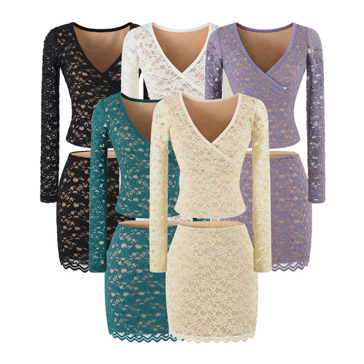 Women's Figure-hugging Lace Top with Wrap V-neck and Long Sleeves Mune Fashion