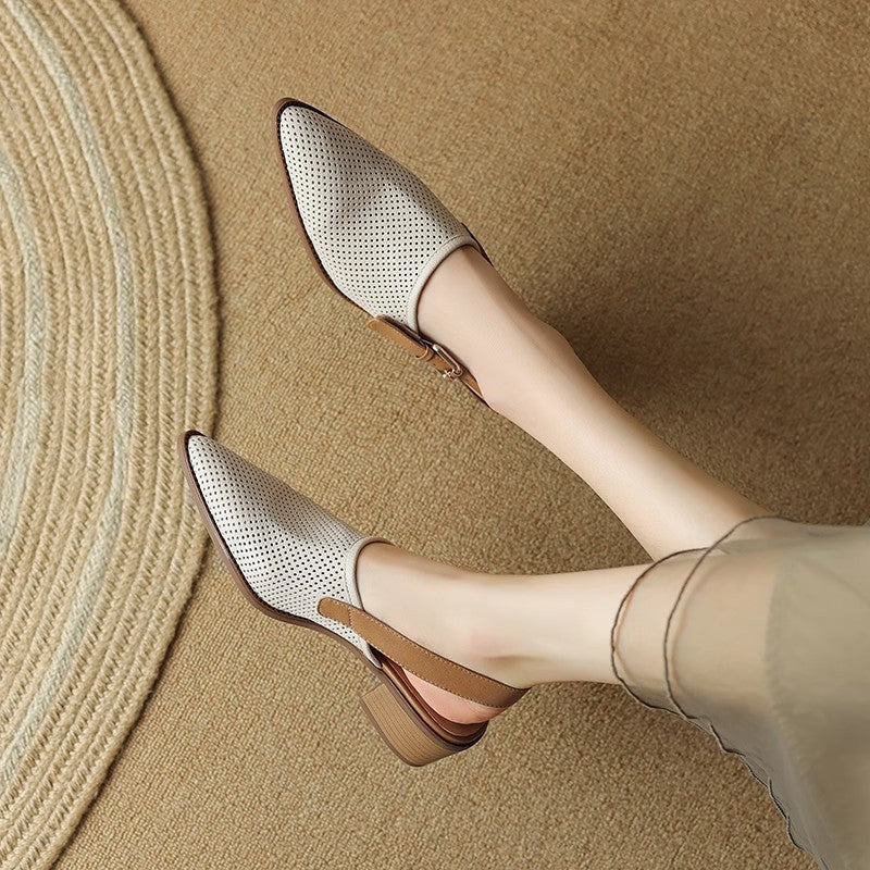 Women's pointed slip-ons with heel strap, perforated upper material and comfortable block heel Mune Fashion