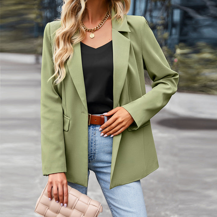 Women’s casual long blazer with one-button closure, patch pockets, and relaxed silhouette Mune Fashion