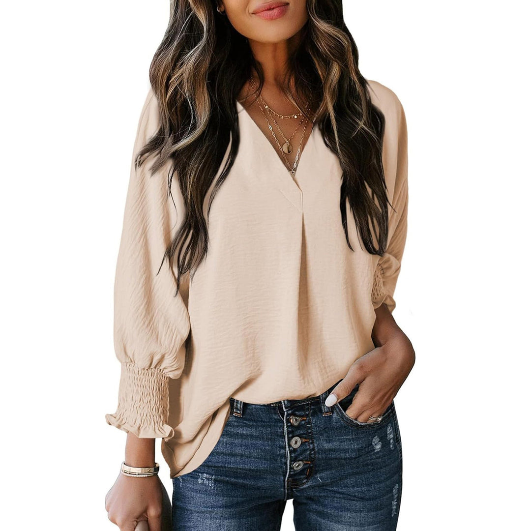 Women V-neck blouse with casual balloon sleeves and ruffle details Mune Fashion