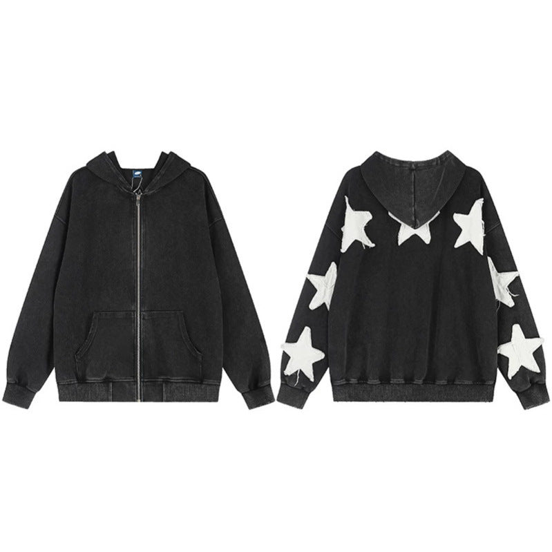 Women Oversize Hoodie Sweatshirt with Star Appliqués and Vintage Wash Mune Fashion