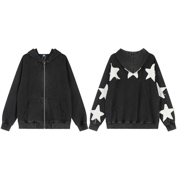Women Oversize Hoodie Sweatshirt with Star Appliqués and Vintage Wash Mune Fashion