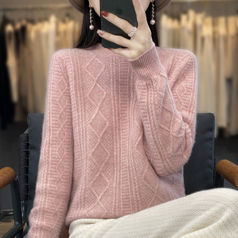Ladies cable knit fine knit sweater with lace panels and soft mohair finish Mune Fashion