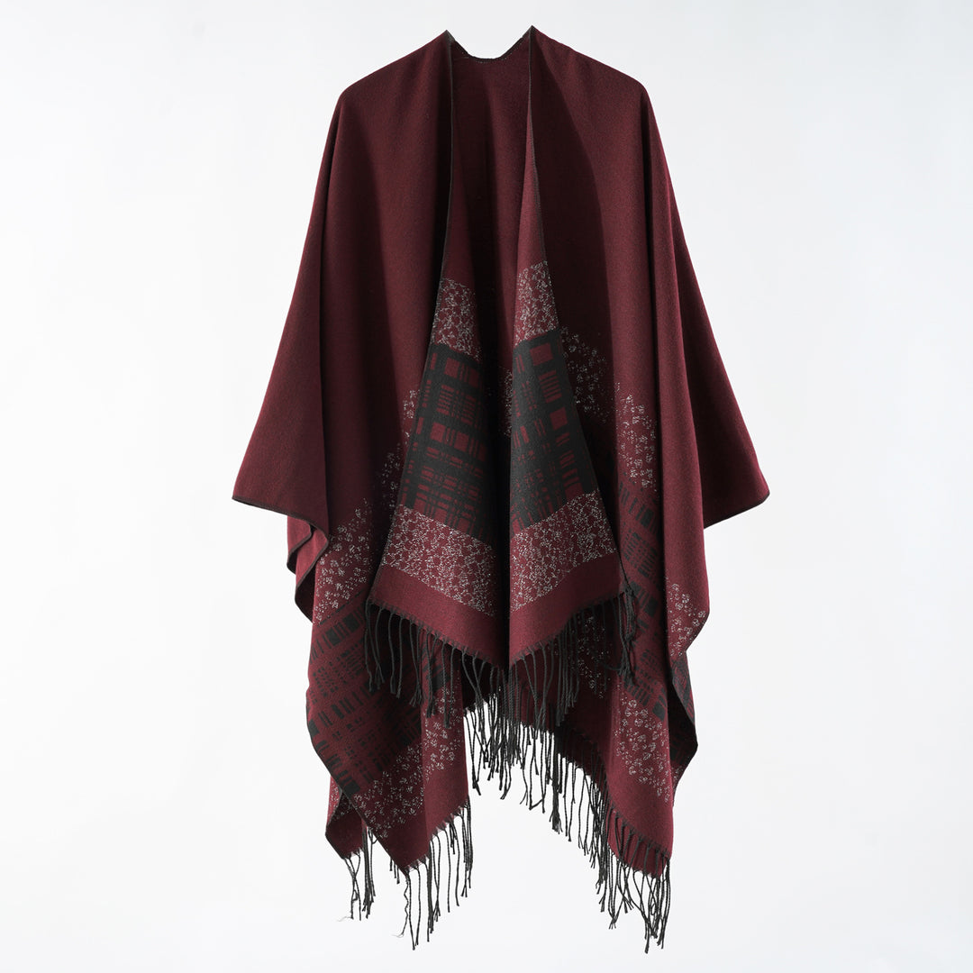 Women's wool blend shoulder poncho with jacquard pattern and fringe hem Mune Fashion