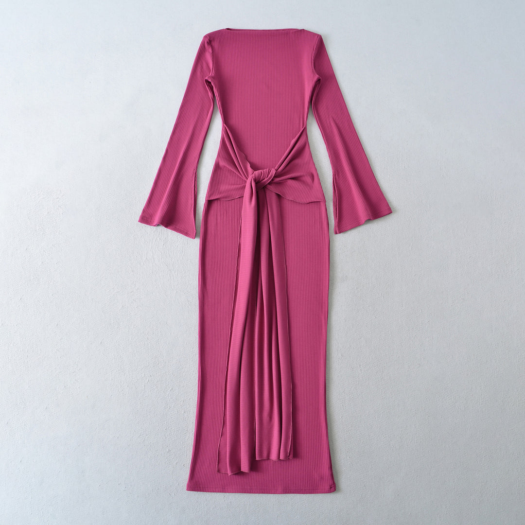 Ladies maxi dress made of ribbed knit with trumpet sleeves and waist knot detail Mune Fashion