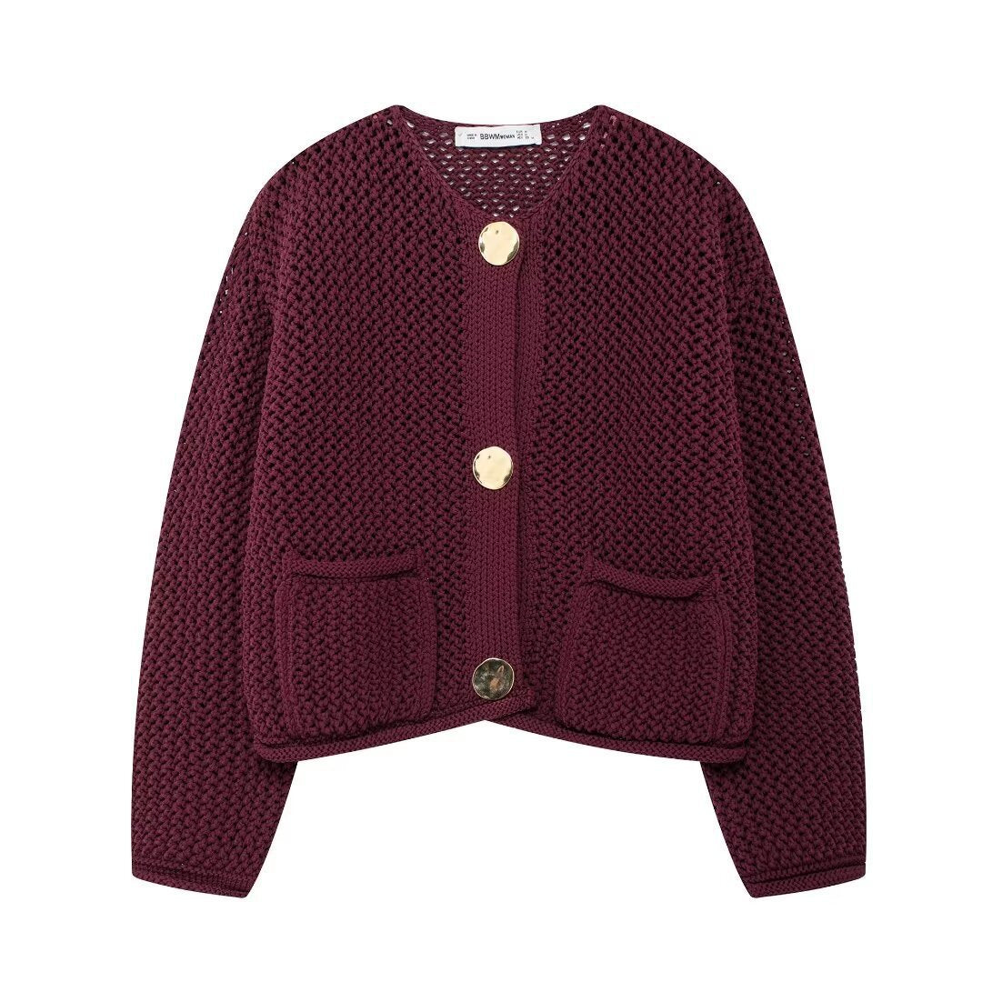 Women's cardigan with open mesh structure, decorative buttons and patch pockets Mune Fashion