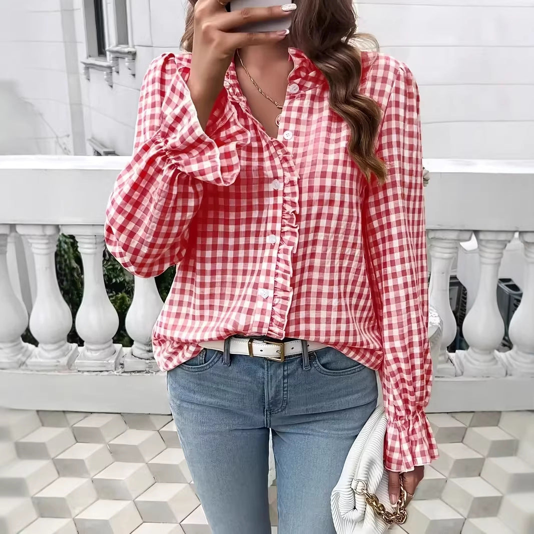 Women checked ruffle blouse with flounce collar and long cuffs Mune Fashion