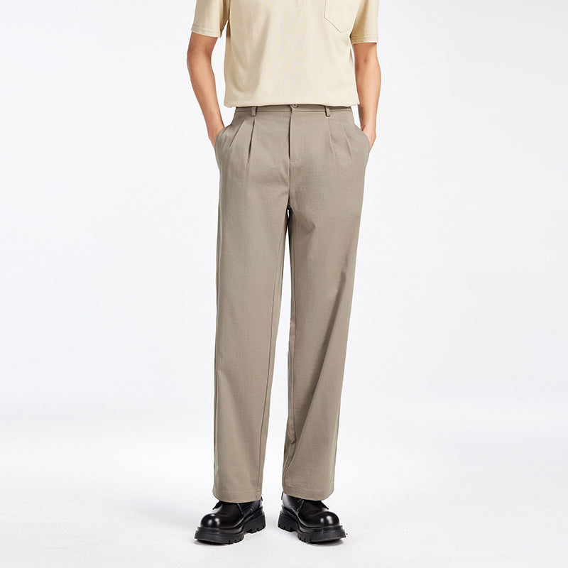Men's Elegant Pleated Fabric Pants with High Waist, Crease and Straight Leg Mune Fashion