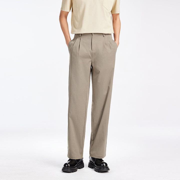 Men's Elegant Pleated Fabric Pants with High Waist, Crease and Straight Leg Mune Fashion