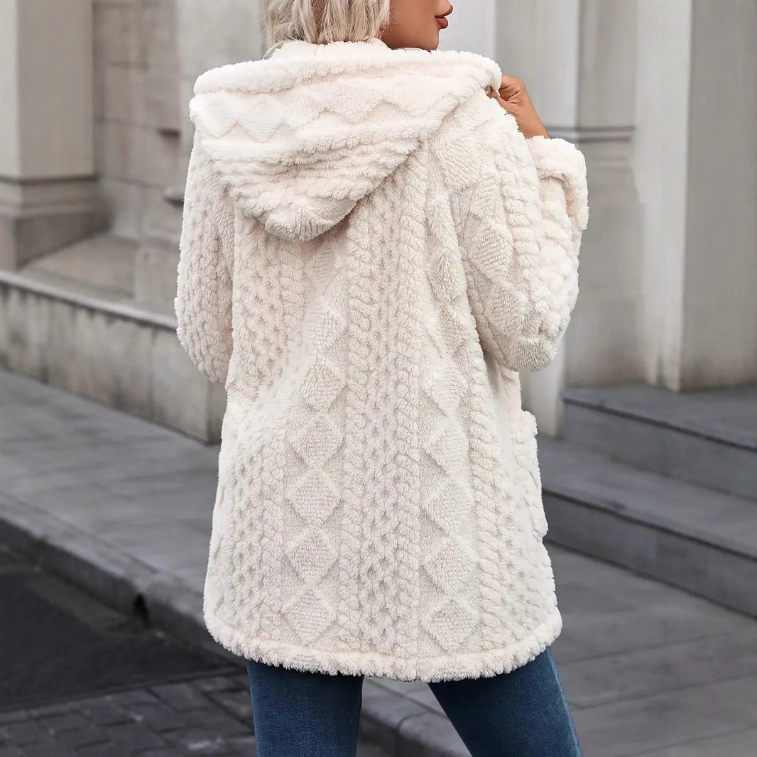Women's Cozy Teddy Jacket with Hood, Button Placket and Patch Pockets Mune Fashion