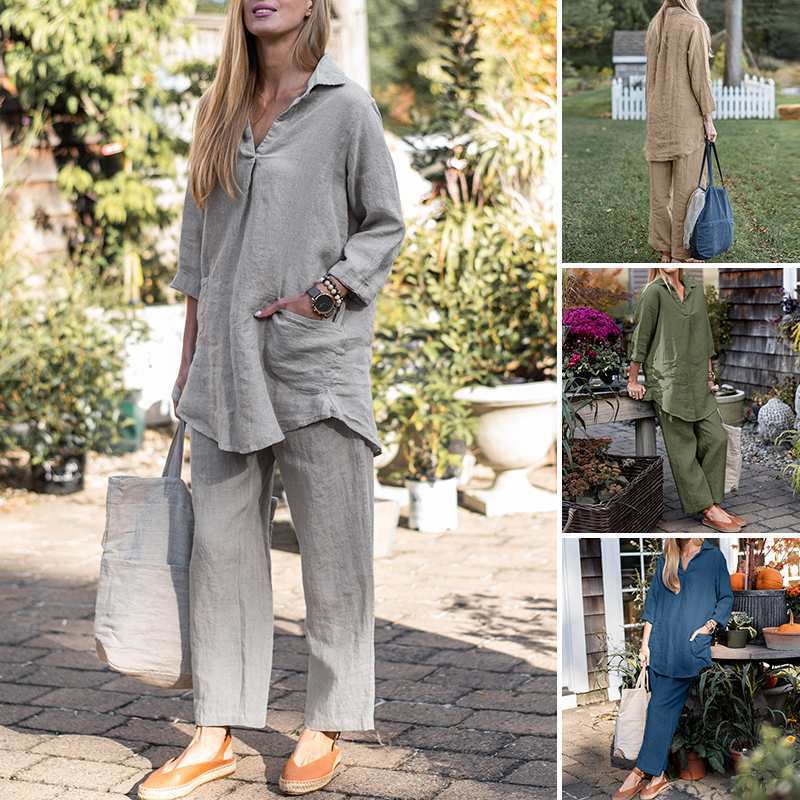 Women's Linen Loungewear Set with Loose Tunic Shirt and Relaxed Palazzo Pants Mune Fashion