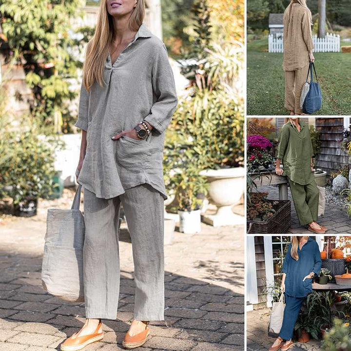 Women's Linen Loungewear Set with Loose Tunic Shirt and Relaxed Palazzo Pants Mune Fashion