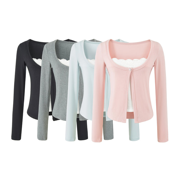 Women's layered cardigan with integrated lace cami and single-button closure Mune Fashion