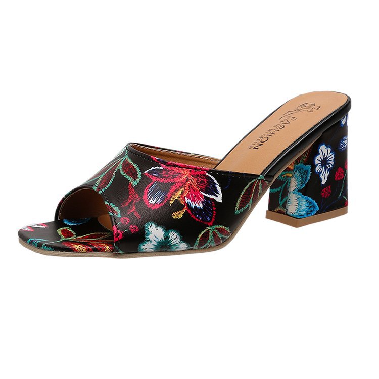 Damen Slip-On Mules mit floralem Allover-Print, mittelhohem Blockabsatz und gepolstertem Komfortfußbett Mune Fashion