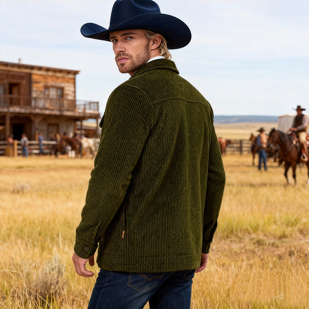 Men's Ribbed Cord Jacket with Flap Pockets and Shirt Collar Mune Fashion