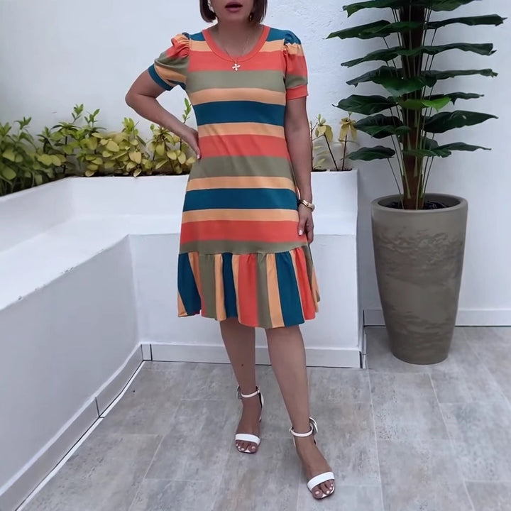 Women's striped jersey dress A-line cut with short puff sleeves and ruffle hem Mune Fashion