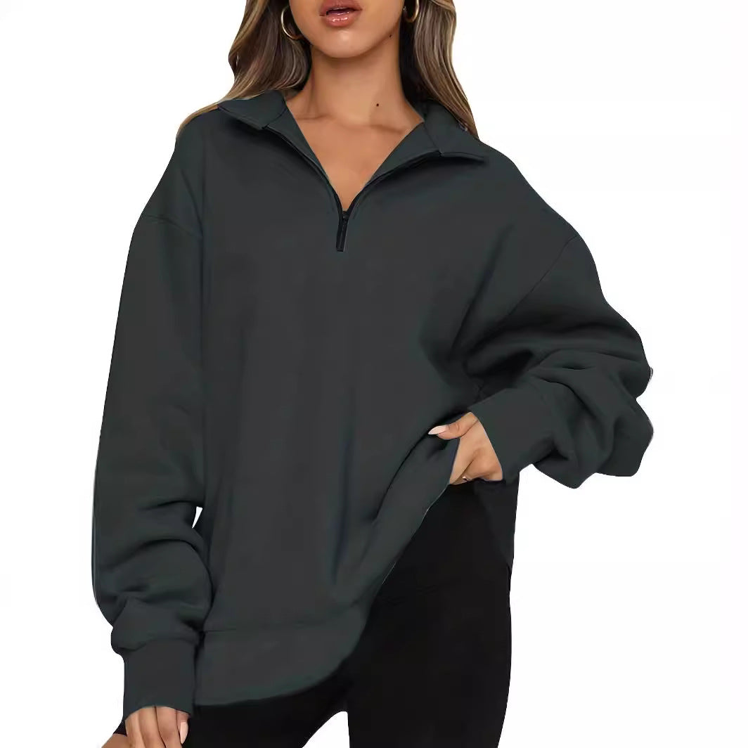 Women nan Oversized Sweatshirt with Short Zip, Stand-up Collar and Kangaroo Pocket Mune Fashion
