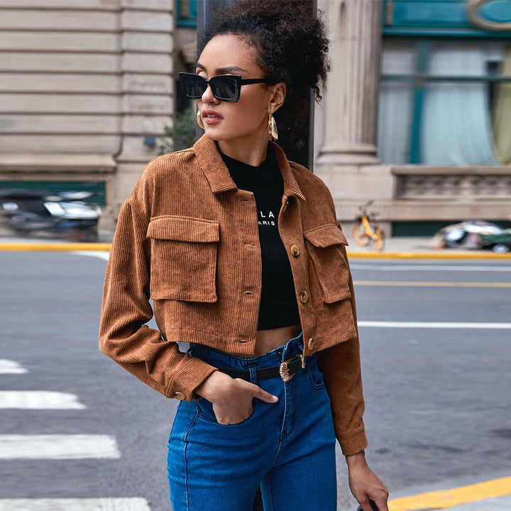 Women's cropped cord jacket with applied flap pockets, shirt collar, and button closure Mune Fashion