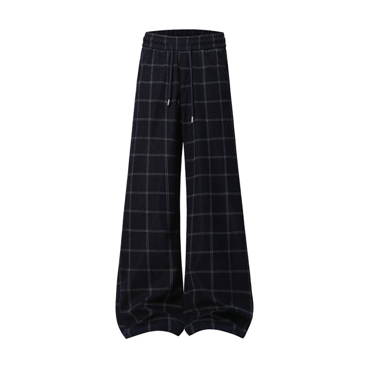 Women's Wide Palazzo Pants in Check Pattern with Elastic Waistband & Drawstring Mune Fashion