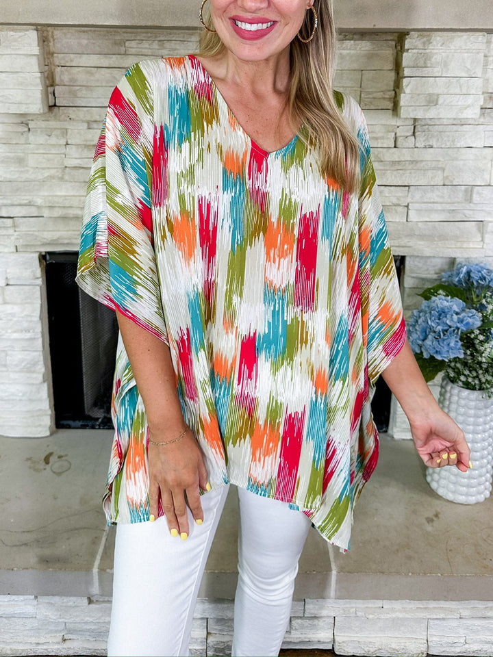 Women's Oversized V-Neck Tunic in Pleated Look with Abstract Ikat Print Mune Fashion