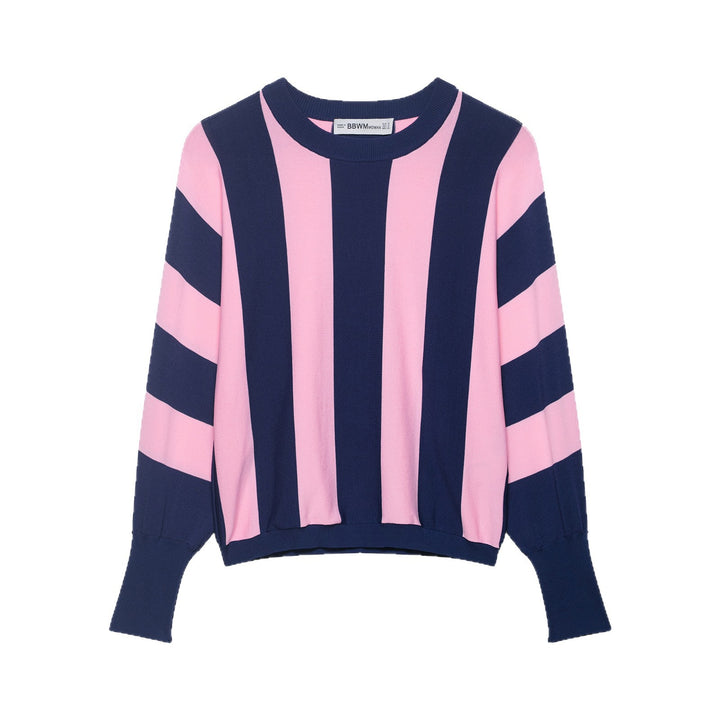 Women's Oversized Knit Sweater with Wide Stripes, Round Neckline and Extended Ribbed Sleeves Mune Fashion
