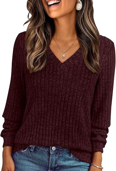 Ladies Soft Ribbed Knit Sweater with V-Neck Mune Fashion