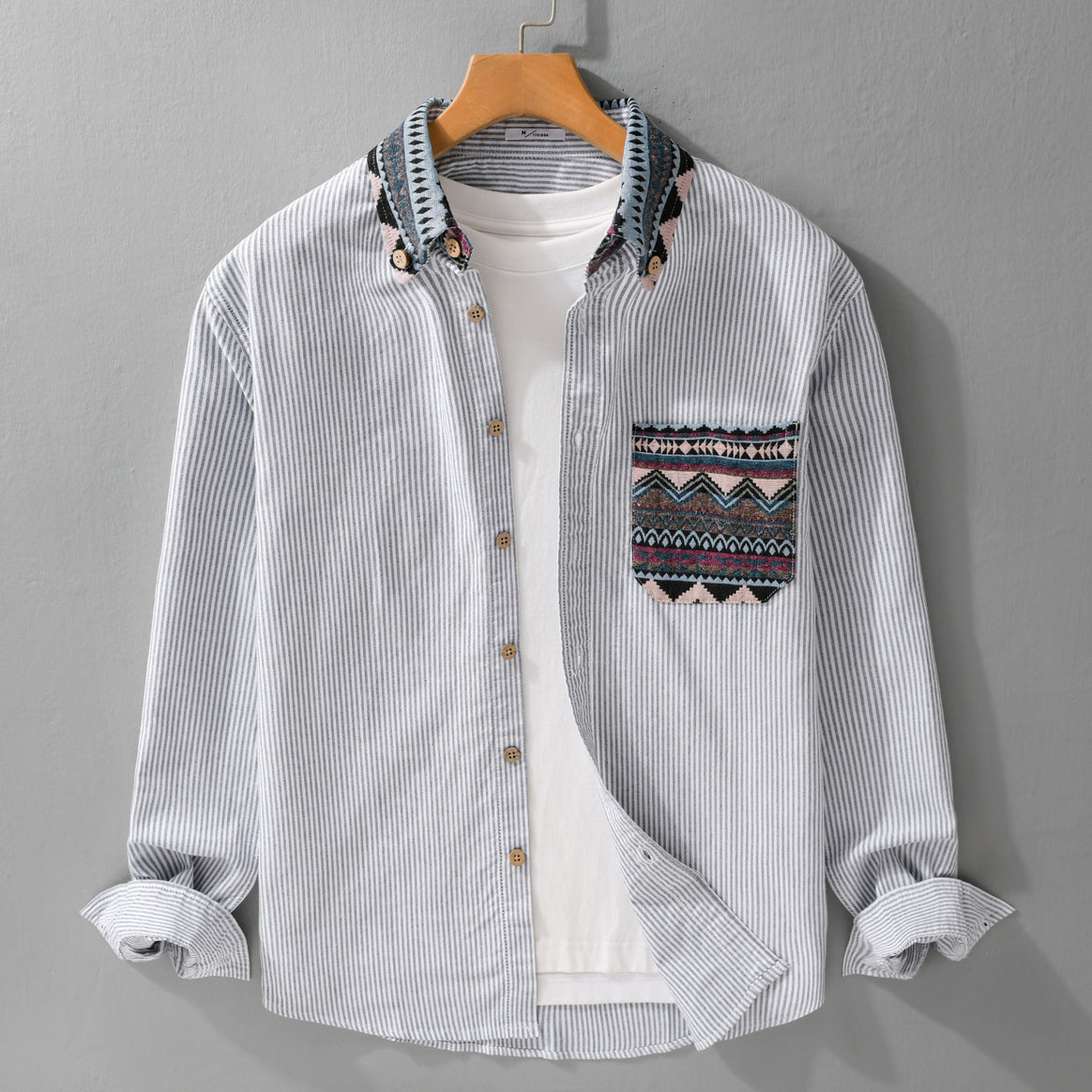 Men's Striped Cotton Shirt with Jacquard Collar and Pocket Trim Mune Fashion