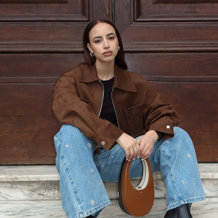 Ladies Short Suede Look Jacket with Zipper and Oversized Sleeves Mune Fashion