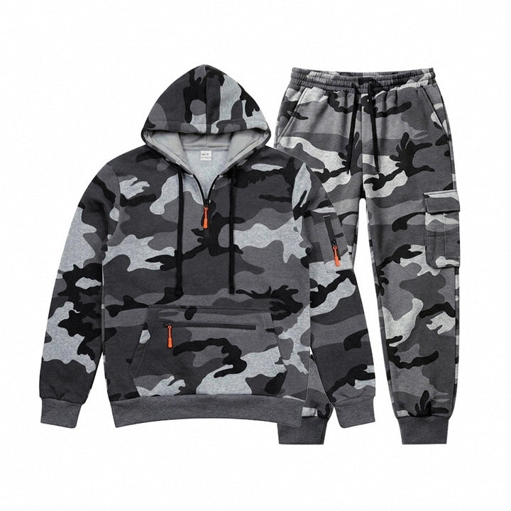 Men's Camouflage Hoodie Sweatshirt and Jogging Pants Set with Cargo Pockets and Zippers Mune Fashion