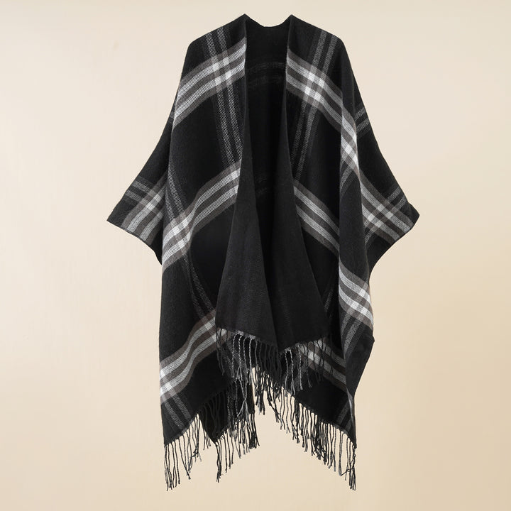 Women's Oversize Cloak with Check Pattern, Fringes and Wool Look Mune Fashion