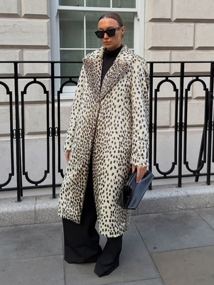 Women Mid-length Faux Fur Coat with Distinctive Spot Pattern and Lapel Collar Mune Fashion
