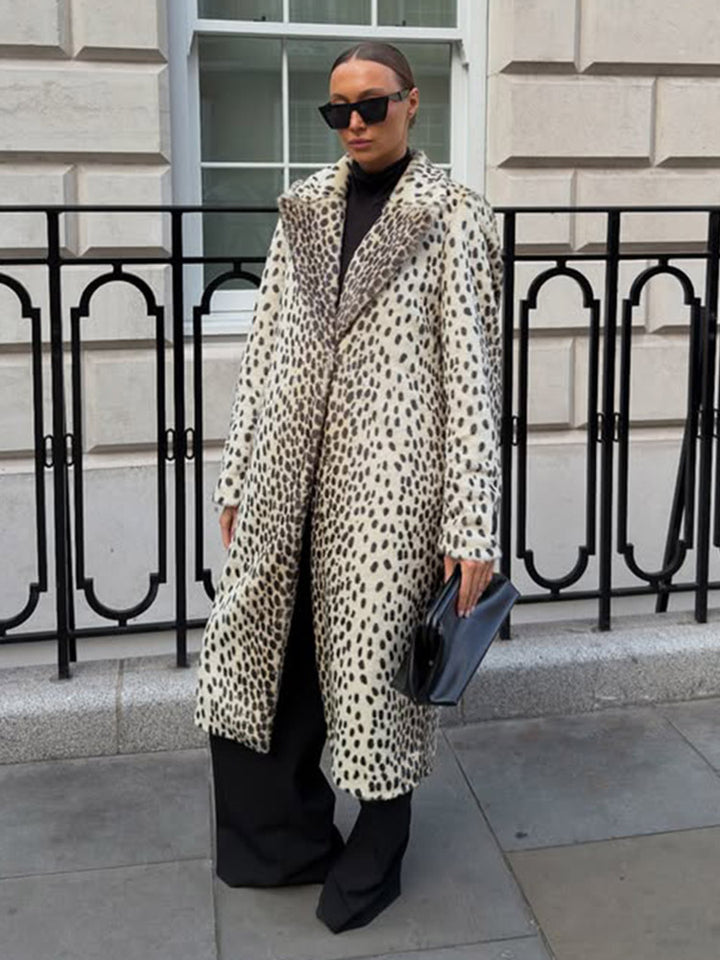 Women Mid-length Faux Fur Coat with Distinctive Spot Pattern and Lapel Collar Mune Fashion