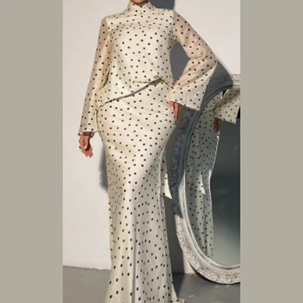 Women's maxi dress with waist-accentuating mermaid silhouette and polka dot print Mune Fashion