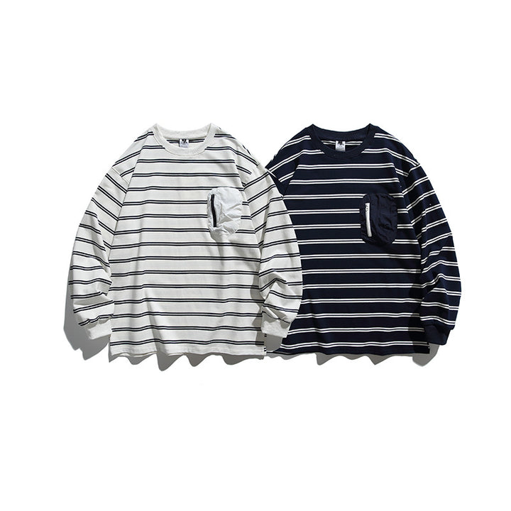 Unisex Oversize Long Sleeve with maritime stripe pattern and functional zippered chest pocket Mune Fashion