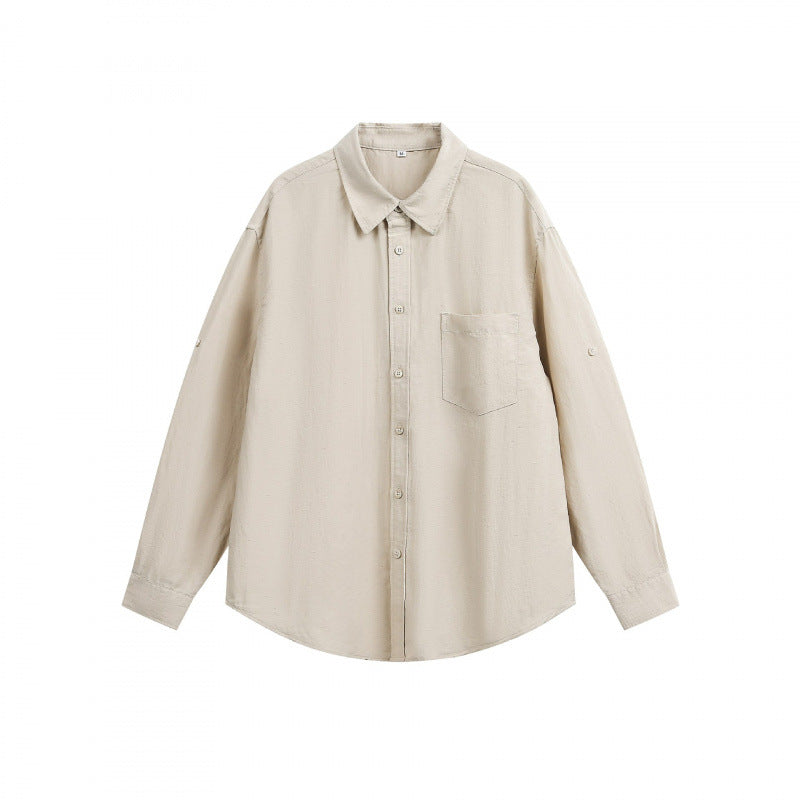 Unisex Oversize Light Linen Blend Shirt with Chest Pocket, Notched Collar and Sleeve Cuff Mune Fashion