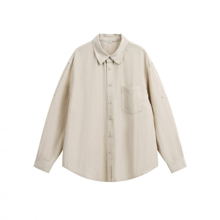 Unisex Oversize Light Linen Blend Shirt with Chest Pocket, Notched Collar and Sleeve Cuff Mune Fashion